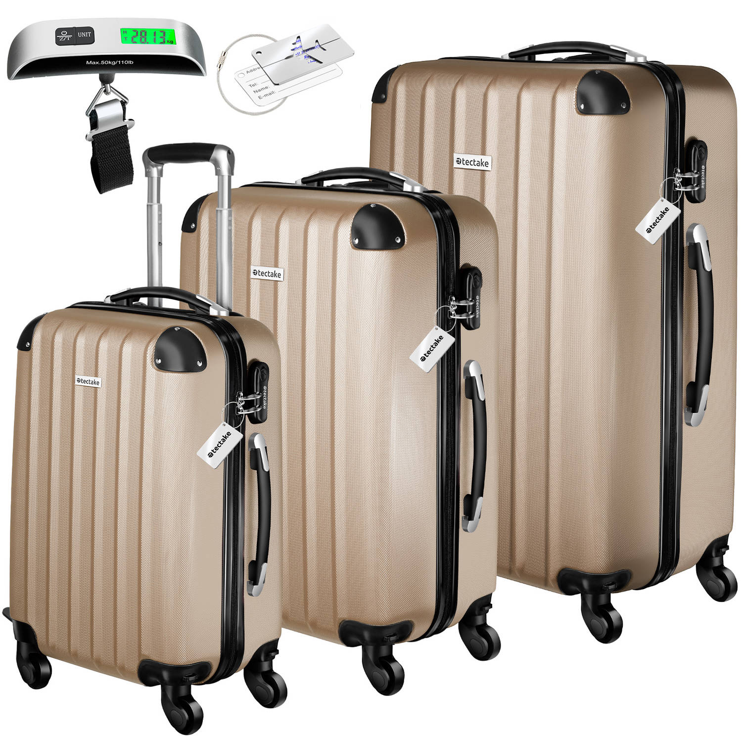 tectake® kofferset met bagageweger| 3-delige set Reiskoffer Trolley Hardcase | champagnekleur