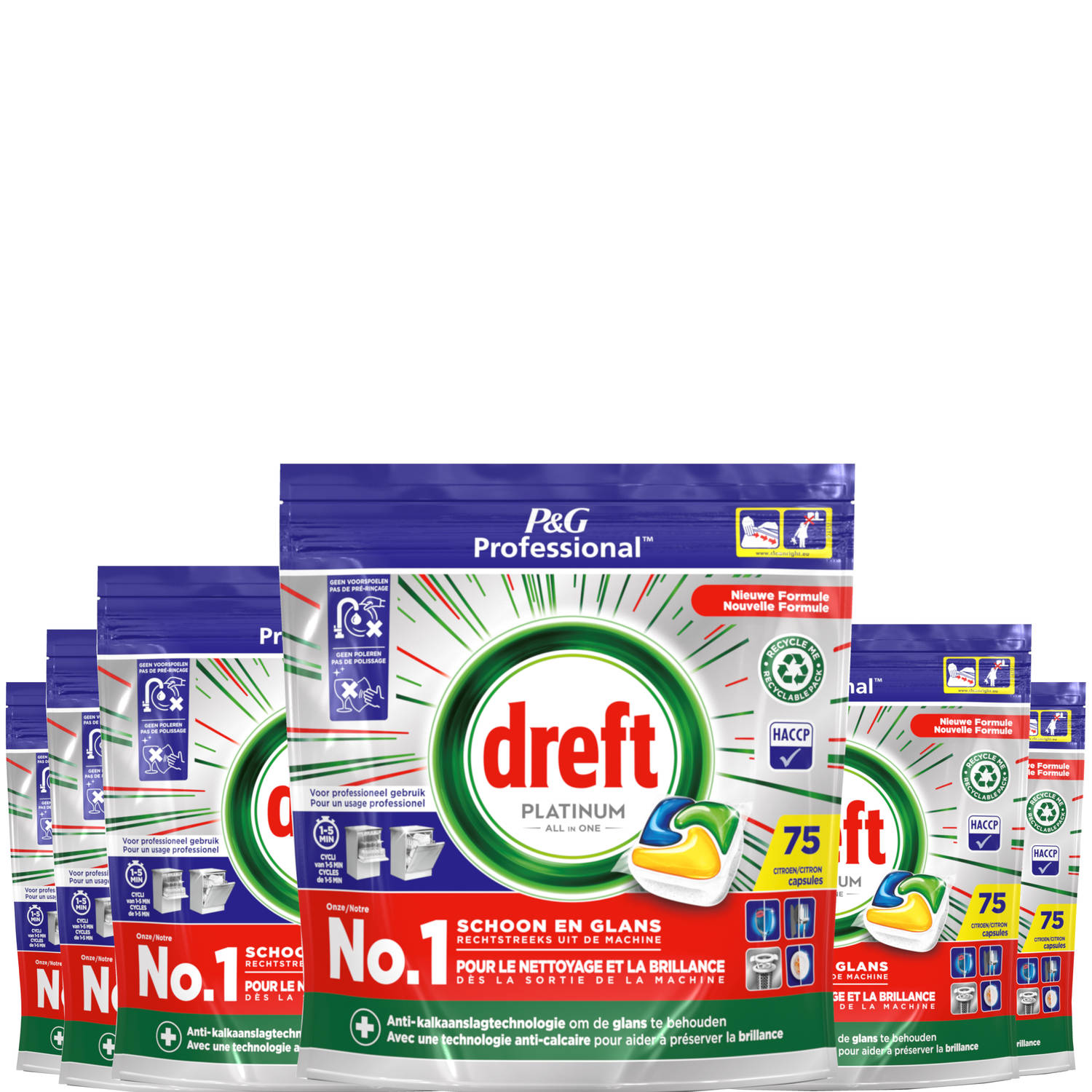 Dreft Platinum Lemon All in 1 Vaatwastabletten - 75 tabs - Voordeelverpakking 6 stuks