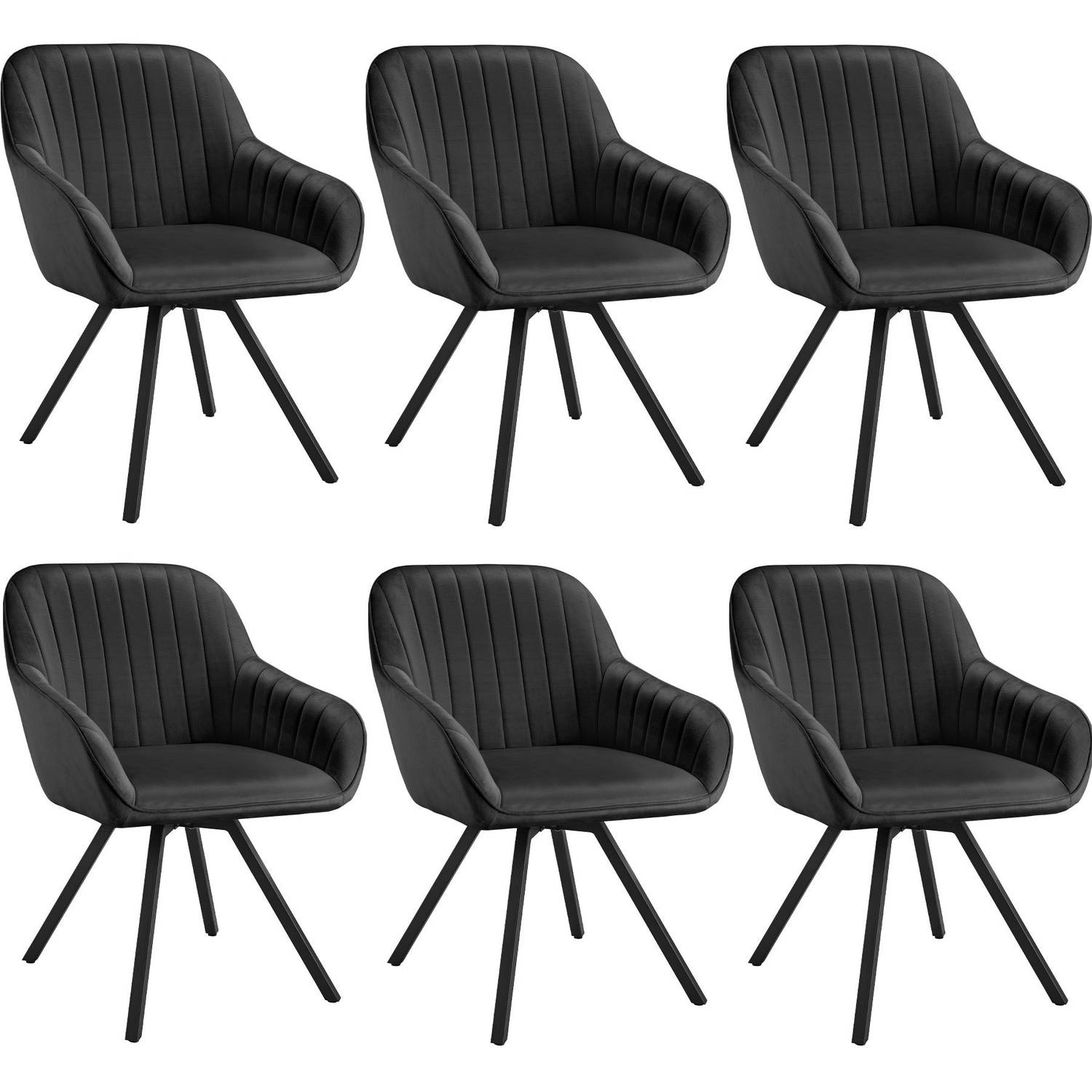 tectake - Set van 6 eetkamerstoelen | Draaifauteuil in Fluwelen Look | Woonkamerstoel, Gestoffeerde Stoel - zwart