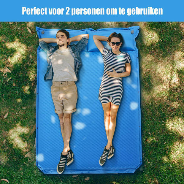 Costway 2 Persoons Zelfopblazende Slaapmat Met Kussens 187 x 131 x 4cm - Campingmat - Camping matras - Blauw