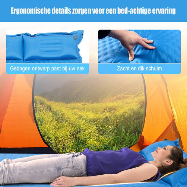 Costway 2 Persoons Zelfopblazende Slaapmat Met Kussens 187 x 131 x 4cm - Campingmat - Camping matras - Blauw