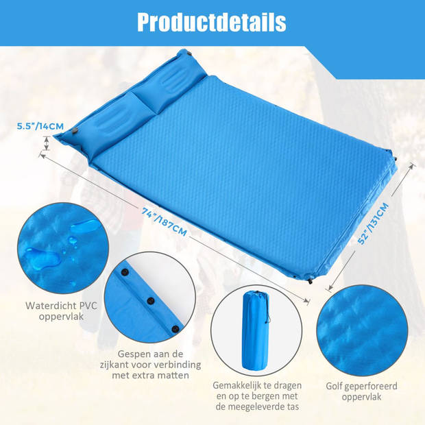 Costway 2 Persoons Zelfopblazende Slaapmat Met Kussens 187 x 131 x 4cm - Campingmat - Camping matras - Blauw