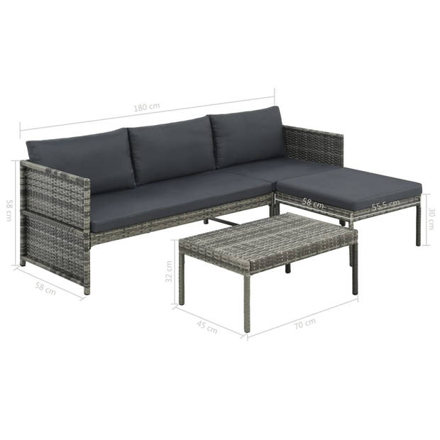 vidaXL 3-delige Loungeset met kussens poly rattan grijs