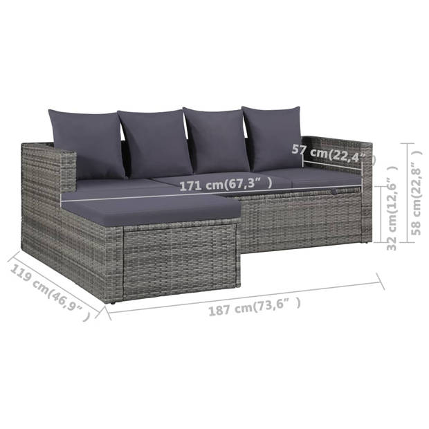 vidaXL 4-delige Loungeset met kussens poly rattan grijs