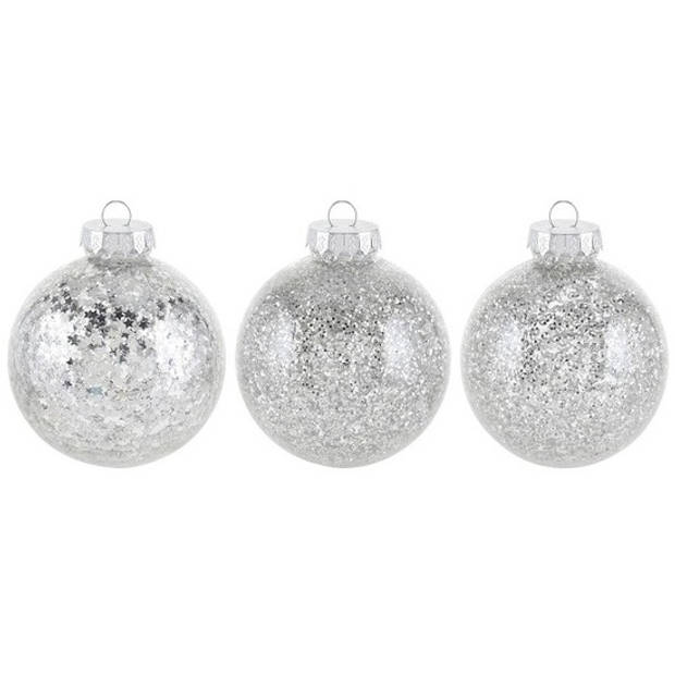 3x Glitter kerstballen zilver 8 cm kunststof kerstboom versiering/decoratie - Kerstbal