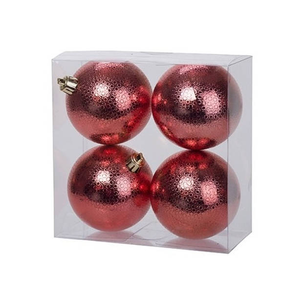 Cosy & Trendy Kerstballen - 4x st - rood - cirkel motief - d8 cm - kunststof - Kerstbal