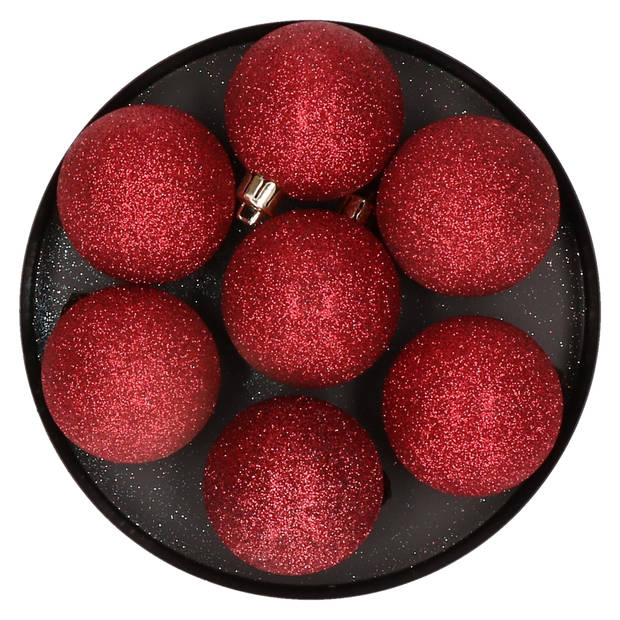 6x Kunststof kerstballen glitter donkerrood 6 cm versiering - Kerstbal