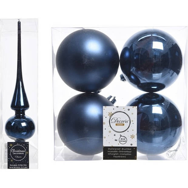 Blauwe kerstversiering/kerstdecoratie set piek en 4x kerstballen 10 cm glans/mat - Kerstbal