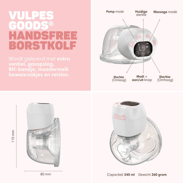 Vulpes Goods - Elektrische Draadloze Borstkolf – Incl. 60 moedermelkbewaarzakjes - Draagbaar & Oplaadbaar