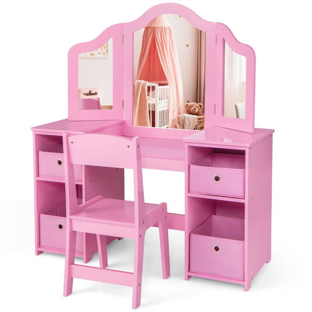 Costway 2 in 1 Kaptafel kind met Stoel En 3 Spiegels 104 x 40 x 117 cm Roze