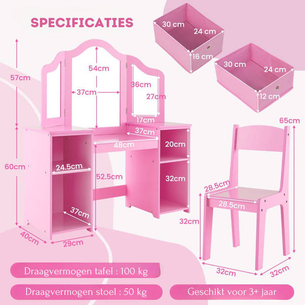 Costway 2 in 1 Kaptafel kind met Stoel En 3 Spiegels 104 x 40 x 117 cm Roze