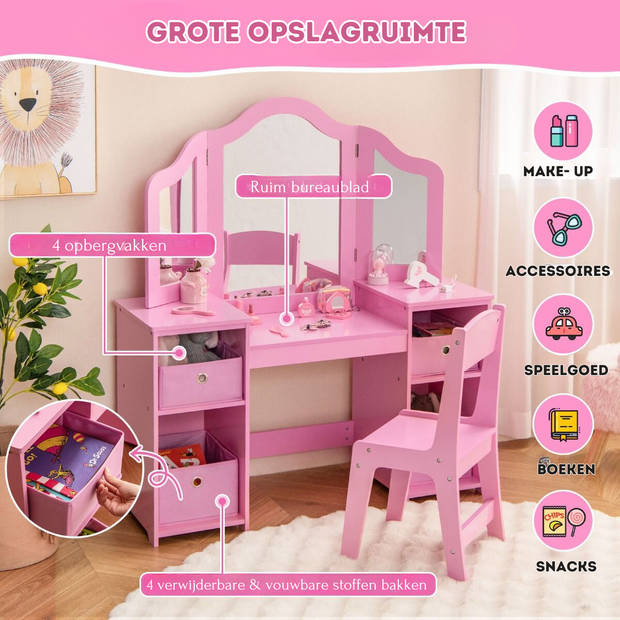 Costway 2 in 1 Kaptafel kind met Stoel En 3 Spiegels 104 x 40 x 117 cm Roze