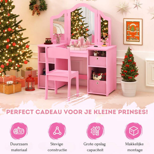 Costway 2 in 1 Kaptafel kind met Stoel En 3 Spiegels 104 x 40 x 117 cm Roze