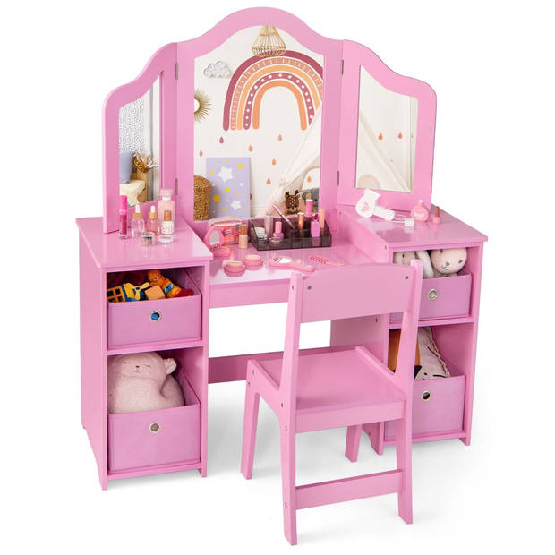 Costway 2 in 1 Kaptafel kind met Stoel En 3 Spiegels 104 x 40 x 117 cm Roze