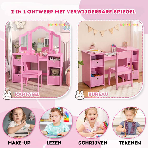 Costway 2 in 1 Kaptafel kind met Stoel En 3 Spiegels 104 x 40 x 117 cm Roze