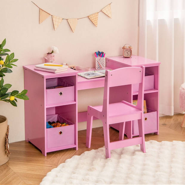 Costway 2 in 1 Kaptafel kind met Stoel En 3 Spiegels 104 x 40 x 117 cm Roze