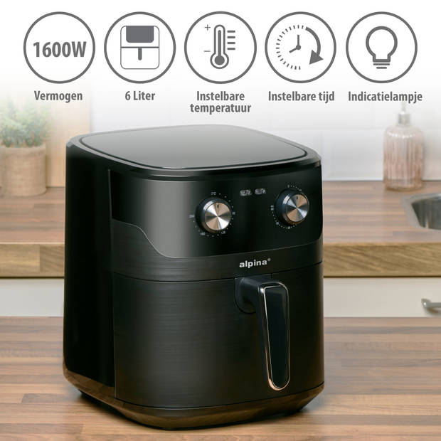 alpina Airfryer XL - Heteluchtfriteuse 6L - Air Fryer voor 4 tot 6 Personen - Hetelucht Friteuse 80°C tot 200°C