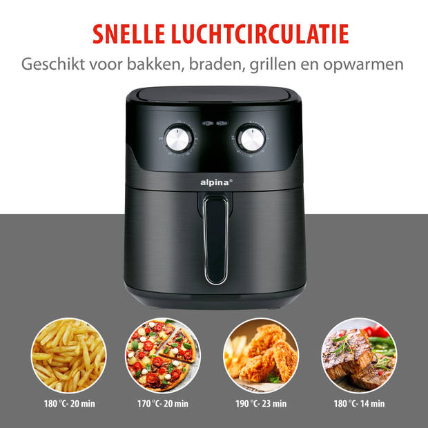 alpina Airfryer XL - Heteluchtfriteuse 6L - Air Fryer voor 4 tot 6 Personen - Hetelucht Friteuse 80°C tot 200°C