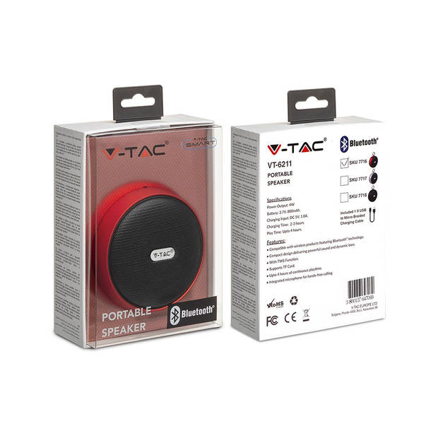 V-TAC VT-6211-RD Bluetooth-luidspreker - Clip - Rood - 4W - 800mAh