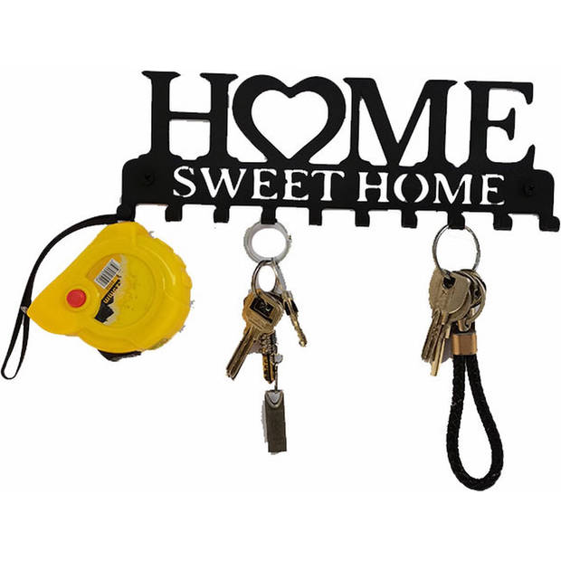 Metalen Wanddecoratie Sleutelrek - 10 Haken - Met Tekst "Home Sweet Home" - Vintage Design - Zwart