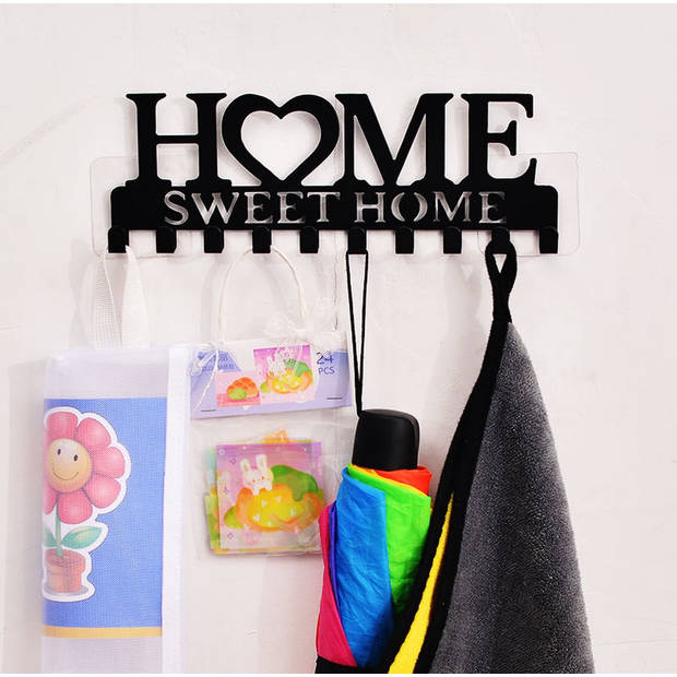 Metalen Wanddecoratie Sleutelrek - 10 Haken - Met Tekst "Home Sweet Home" - Vintage Design - Zwart