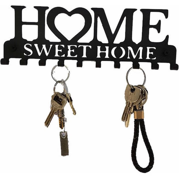 Metalen Wanddecoratie Sleutelrek - 10 Haken - Met Tekst "Home Sweet Home" - Vintage Design - Zwart