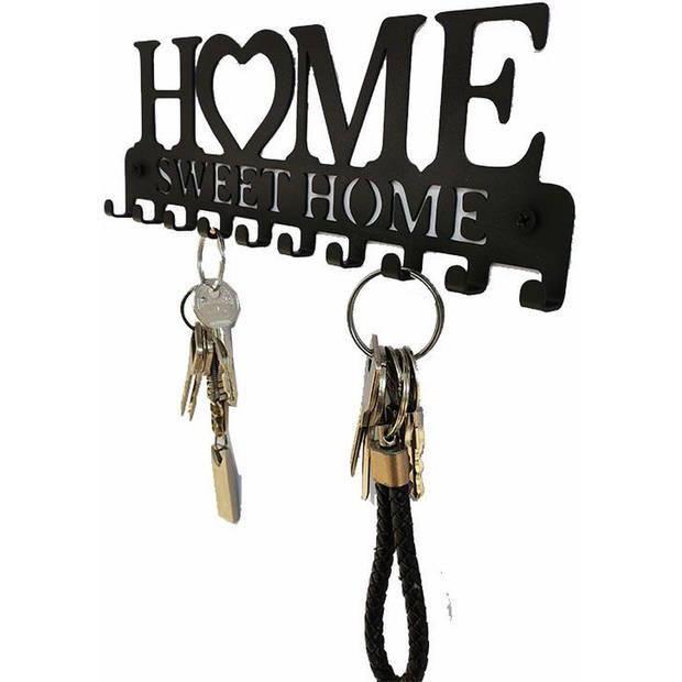 Metalen Wanddecoratie Sleutelrek - 10 Haken - Met Tekst "Home Sweet Home" - Vintage Design - Zwart