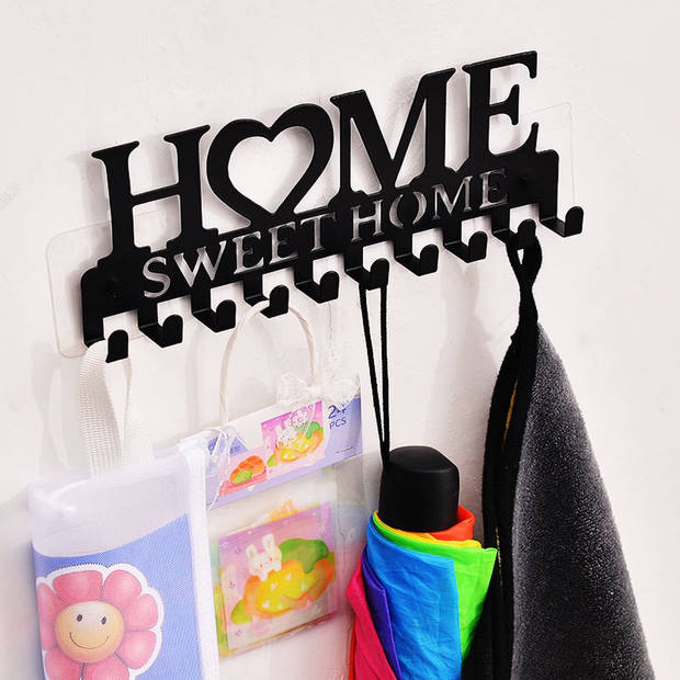 Metalen Wanddecoratie Sleutelrek - 10 Haken - Met Tekst "Home Sweet Home" - Vintage Design - Zwart