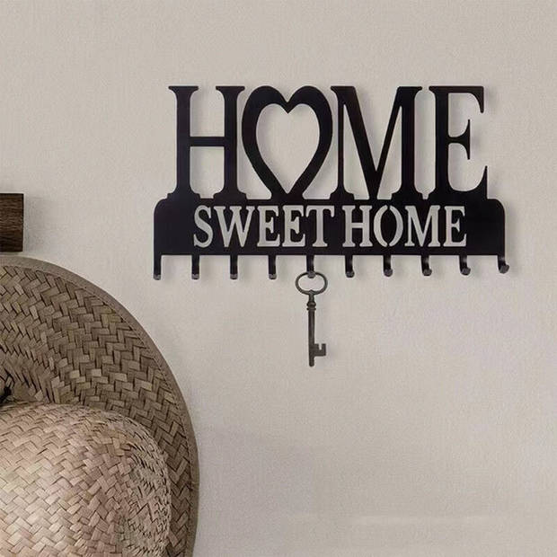 Metalen Wanddecoratie Sleutelrek - 10 Haken - Met Tekst "Home Sweet Home" - Vintage Design - Zwart