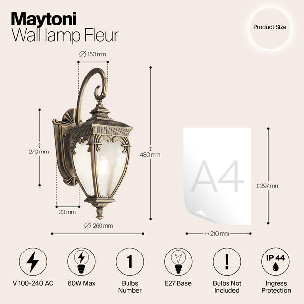 Maytoni Outdoor - Wandlamp Fleur - Zwart met goud - Ø26