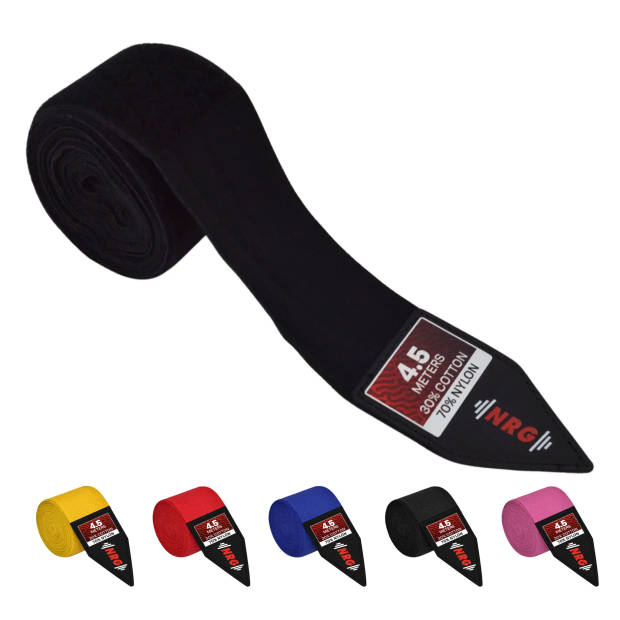 NRG fitness Boks Bandage - Hand Wraps - 4.5 meter Zwart