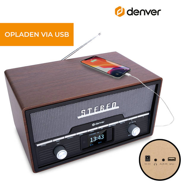 Denver DAB Radio CD Speler - Retro Radio - Bluetooth - 20 voorkeuzezenders - DAB /FM / AUX - MDA525 - Darkwood