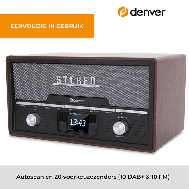 Denver DAB Radio CD Speler - Retro Radio - Bluetooth - 20 voorkeuzezenders - DAB /FM / AUX - MDA525 - Darkwood