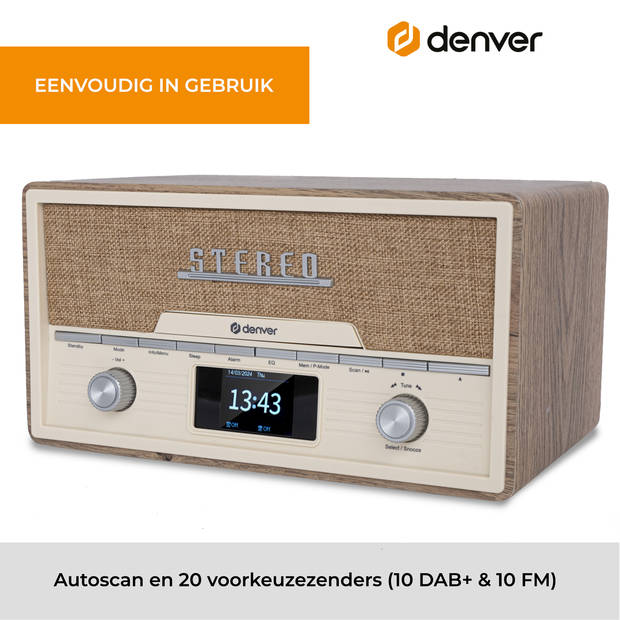 Denver DAB Radio CD Speler - Retro Radio - Bluetooth - 20 voorkeuzezenders - DAB /FM / AUX - MDA525 - Lightwood