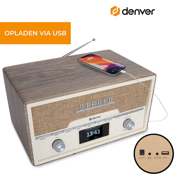 Denver DAB Radio CD Speler - Retro Radio - Bluetooth - 20 voorkeuzezenders - DAB /FM / AUX - MDA525 - Lightwood