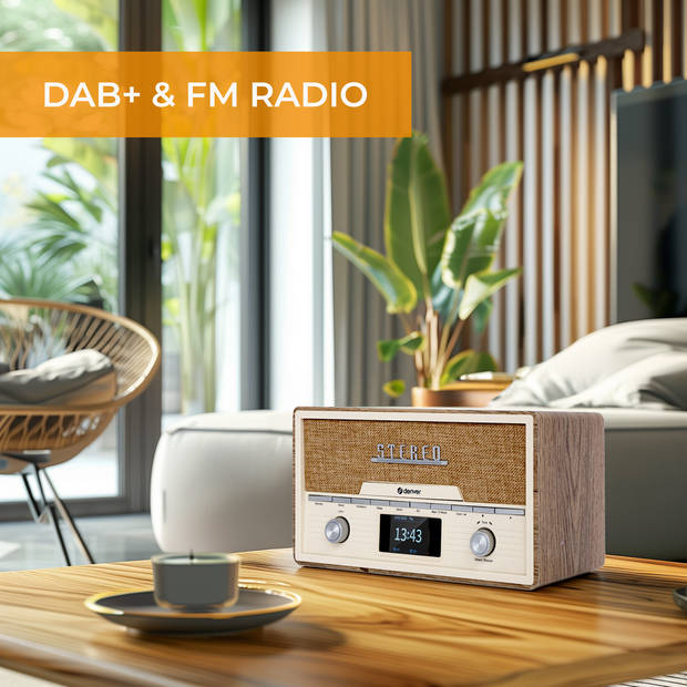 Denver DAB Radio CD Speler - Retro Radio - Bluetooth - 20 voorkeuzezenders - DAB /FM / AUX - MDA525 - Lightwood