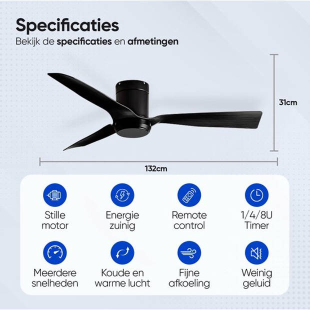 Plafondventilator met afstandsbediening - Ø 132 cm - Plafonniere met ventilator - Ventilator plafond