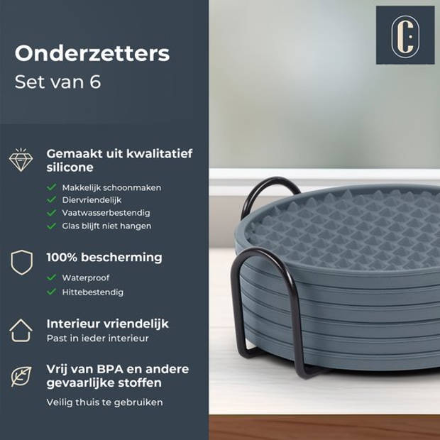 Castagnola Siliconen Onderzetters voor Glazen met Houder – Anti Slip - Set van 6 – Grijs