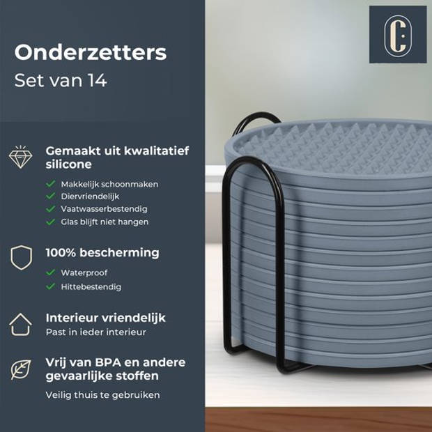 Castagnola Siliconen Onderzetters voor Glazen met Houder – Anti Slip - Set van 14 – Grijs