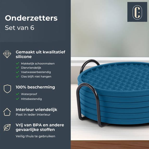 Castagnola Siliconen Onderzetters voor Glazen met Houder – Anti Slip - Set van 6 – Blauw