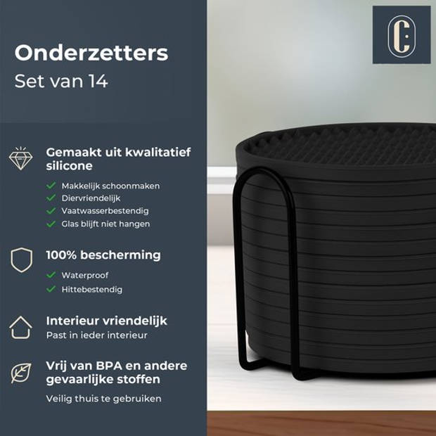 Castagnola Siliconen Onderzetters voor Glazen met Houder – Anti Slip - Set van 14 – Zwart