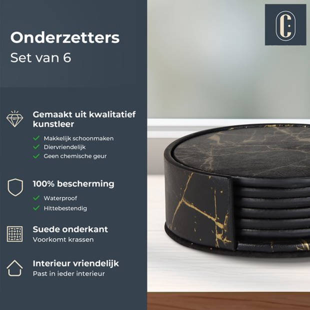 Castagnola Kunstlederen Onderzetters voor Glazen met Houder – Set van 6 – Zwart/Goud