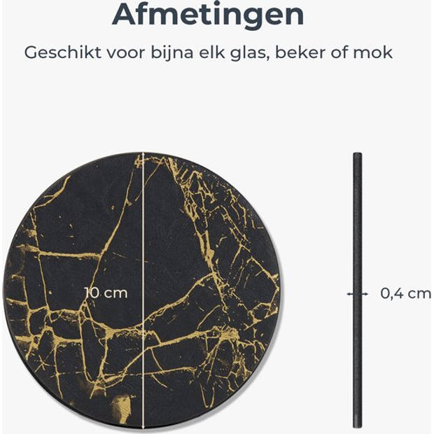 Castagnola Kunstlederen Onderzetters voor Glazen met Houder – Set van 16 – Zwart/Goud