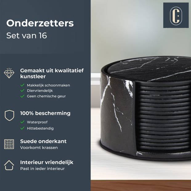 Castagnola Kunstlederen Onderzetters voor Glazen met Houder – Set van 16 – Zwart/Wit