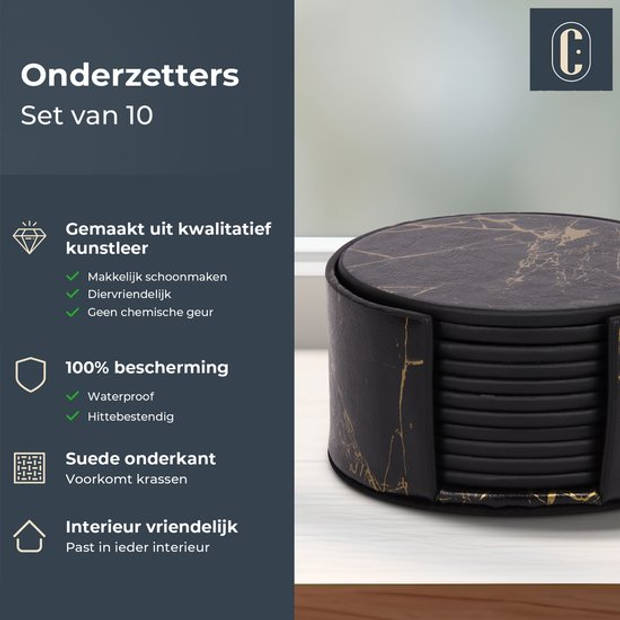 Castagnola Kunstlederen Onderzetters voor Glazen met Houder – Set van 10 – Zwart/Goud