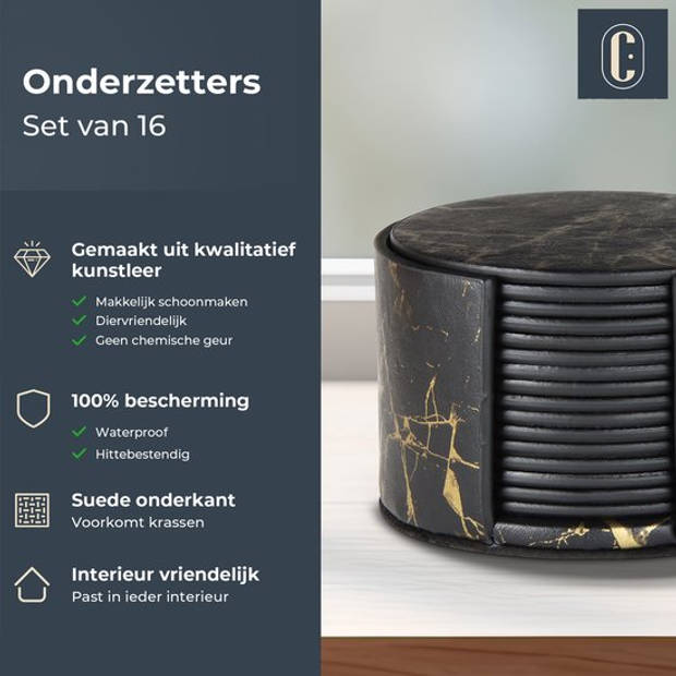 Castagnola Kunstlederen Onderzetters voor Glazen met Houder – Set van 16 – Zwart/Goud