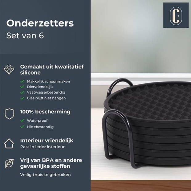 Castagnola Siliconen Onderzetters voor Glazen met Houder – Anti Slip - Set van 6 – Zwart