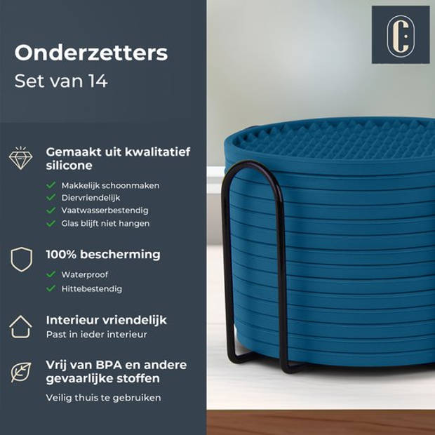 Castagnola Siliconen Onderzetters voor Glazen met Houder – Anti Slip - Set van 14 – Blauw