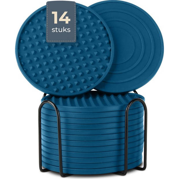 Castagnola Siliconen Onderzetters voor Glazen met Houder – Anti Slip - Set van 14 – Blauw