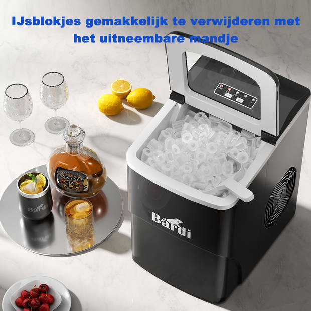 Bardi IJsblokjesmachine - 2 Liter - 12KG IJsblokjes in 24 uur - Inclusief Luxe Thermosbeker en Ijsschep-Zwart